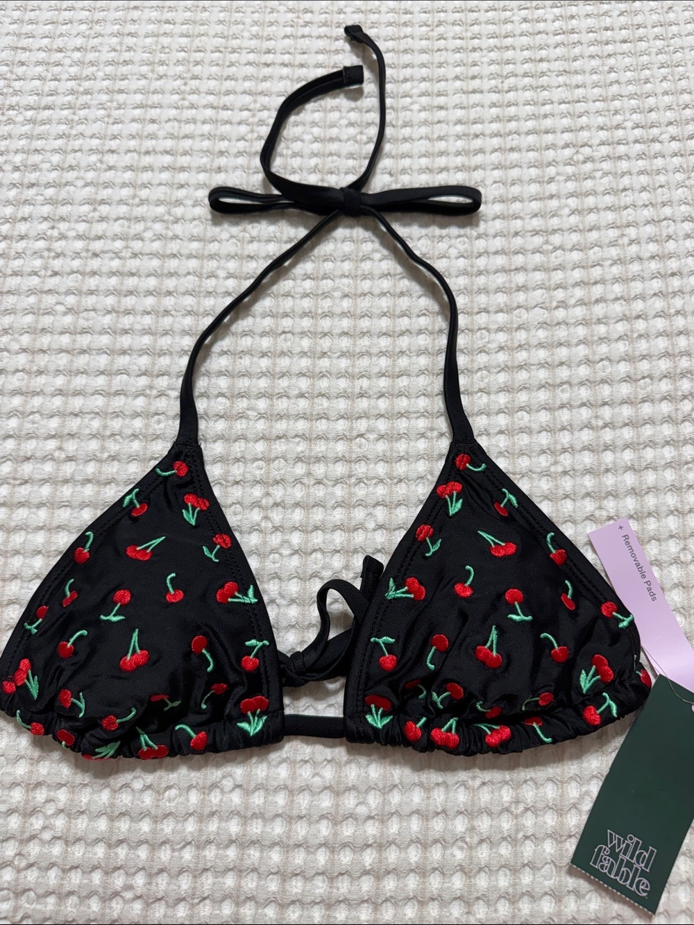 wild fable Black Triangle Bikini Top with Red Cherry Embroidery